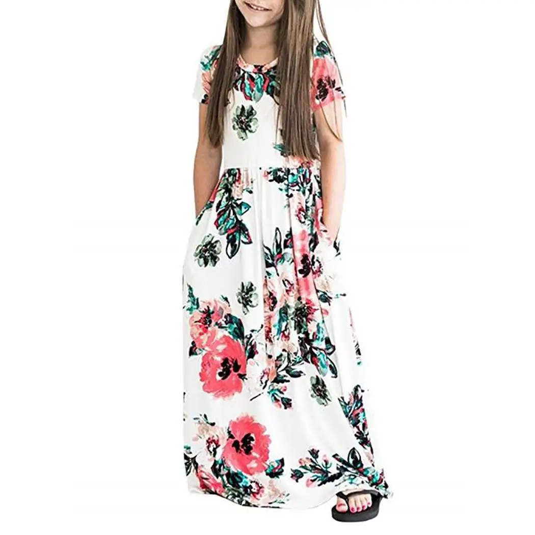 

Children Girls Casual O Neck Short Sleeve Casual, Street, Outdoor Floral Full Length Pleated Long Dress