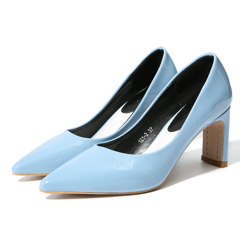 

NIS Women Pointed Toe Pumps, Pink/Beige/Sky Blue Solid 7.5cm High Heels, Ladies Candy Colors Patent Leather Slip On Casual Shoes