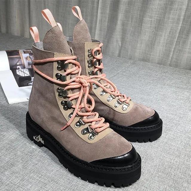 

2018 Leathe Autumn Winter Woman Shoes Ankle Martin Boots Med Platform Round Toes Pink Green Lace-Up Boots Shoes Woman Plush