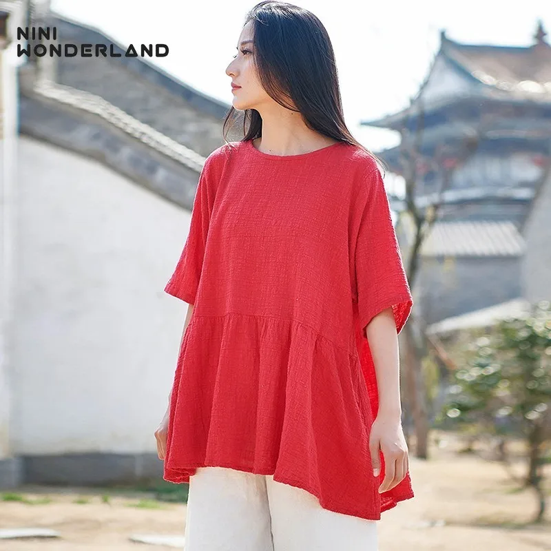 

NINI WONDERLAND Summer Cotton Linen T Shirt Women Solid Color Brief Comfortable Tops Female Loose Tees Plus Size 2019 T Shirt