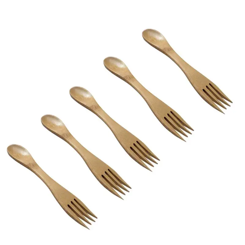 

5 Pcs Bamboo Dual-purpose Spork Creative Spoons Forks Combo Spork for Household Camping Hiking Travel Out Utensil Use Children