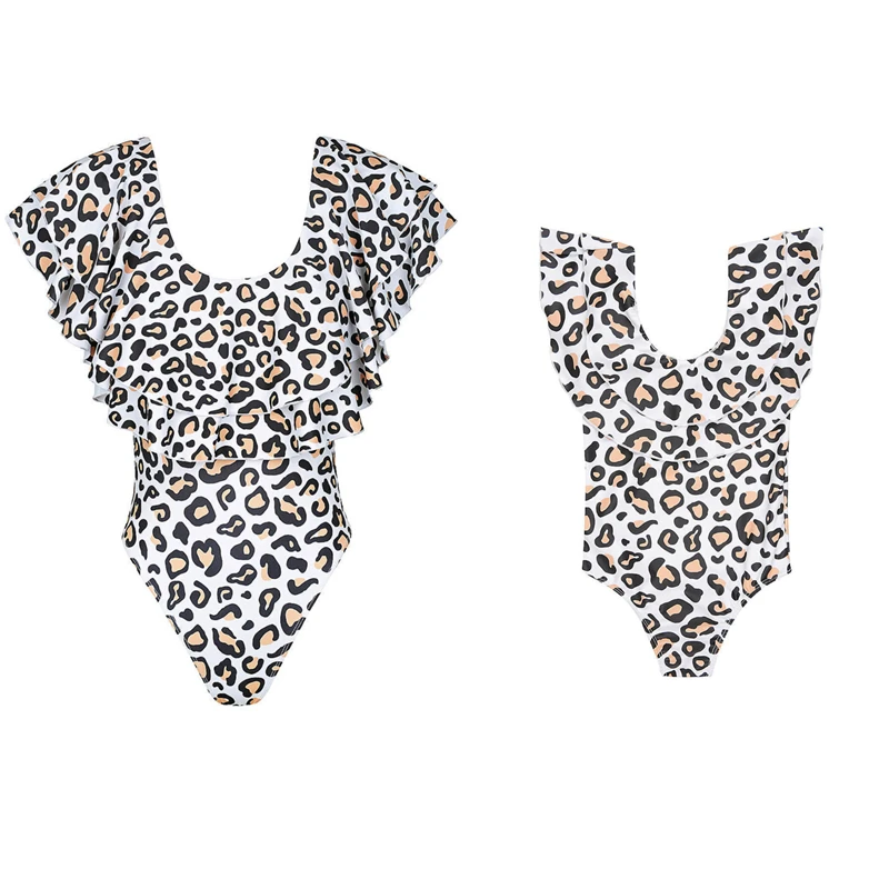 

Vintage Leopard print family parent-kids swimsuits Sexy Bikinis Mom Girl Ruffles Push-up one piece monokinis beach holiday Cute