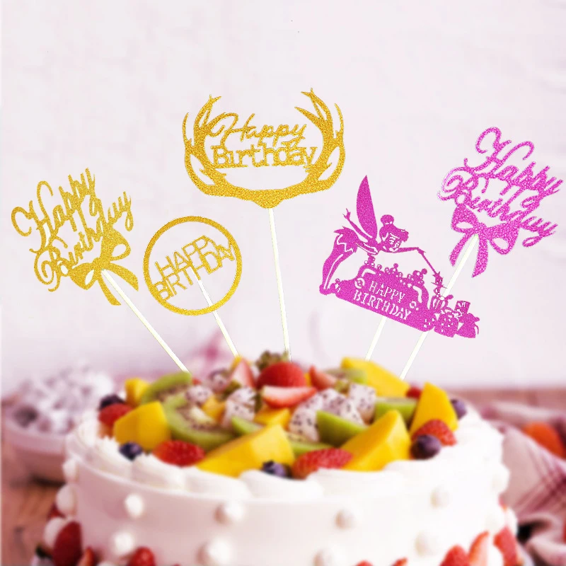 

1pc New Happy Birthday Diverse Acrylic Fashion Glisten Cupcake Toppers Novelty Baby Shower Insert Card Cake Decoration