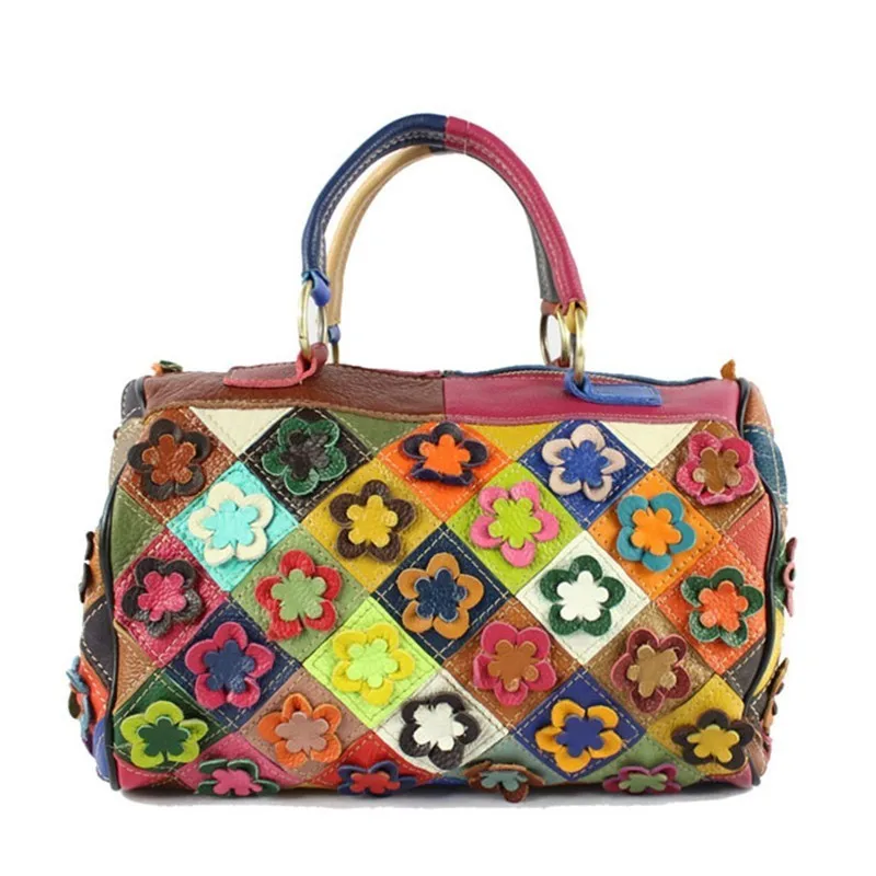 

New Women Genuine Leather Handbags Color Matching Flowers Crossbody Bag For Women Splice Shoulder Bag Sac A Main Bolsa Feminina