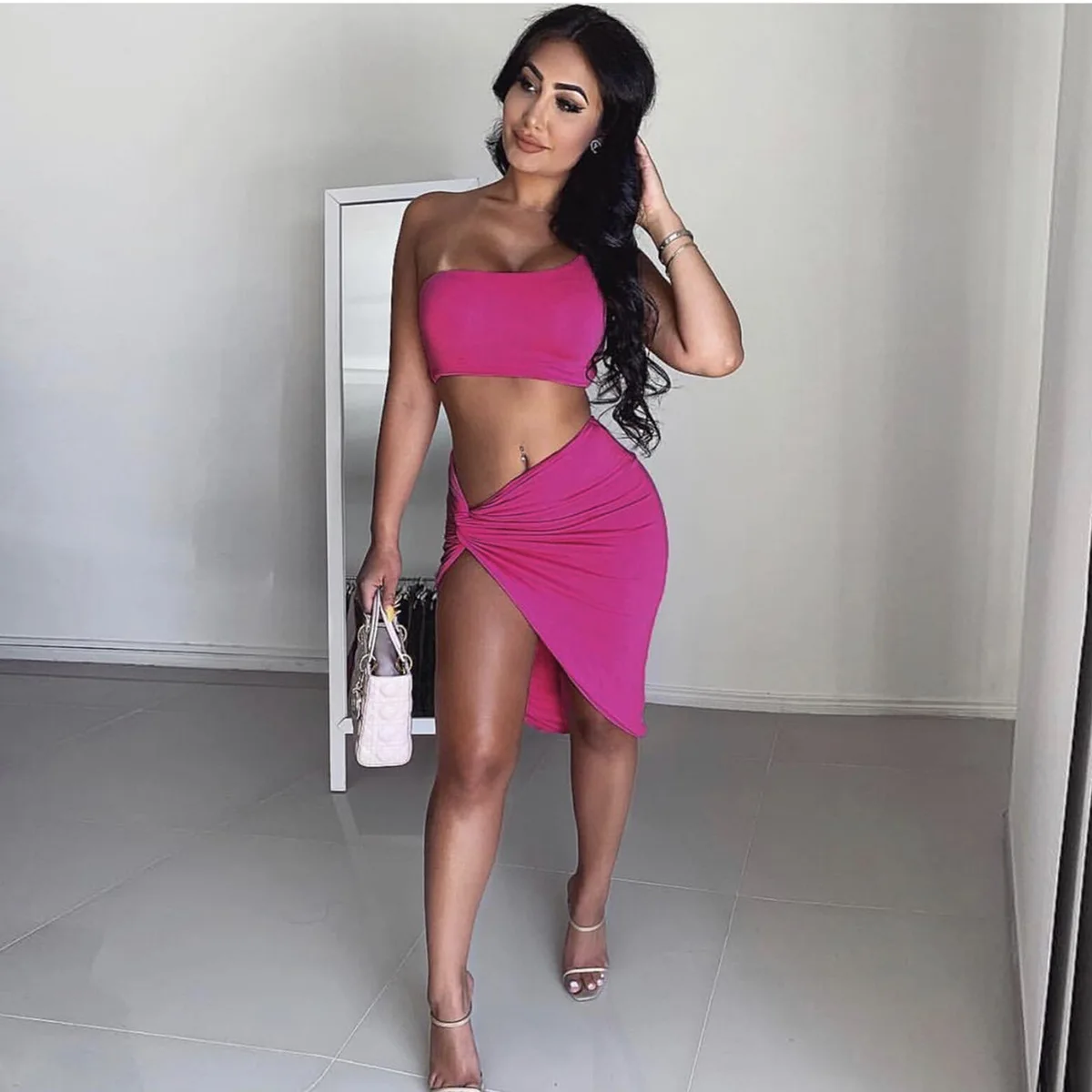 

DRESSMECB One Shoulder Two Piece Dress Women Bandage Bodycon Mini Dress Summer Sexy Crop Top And Irregular dress Sets Vestidos