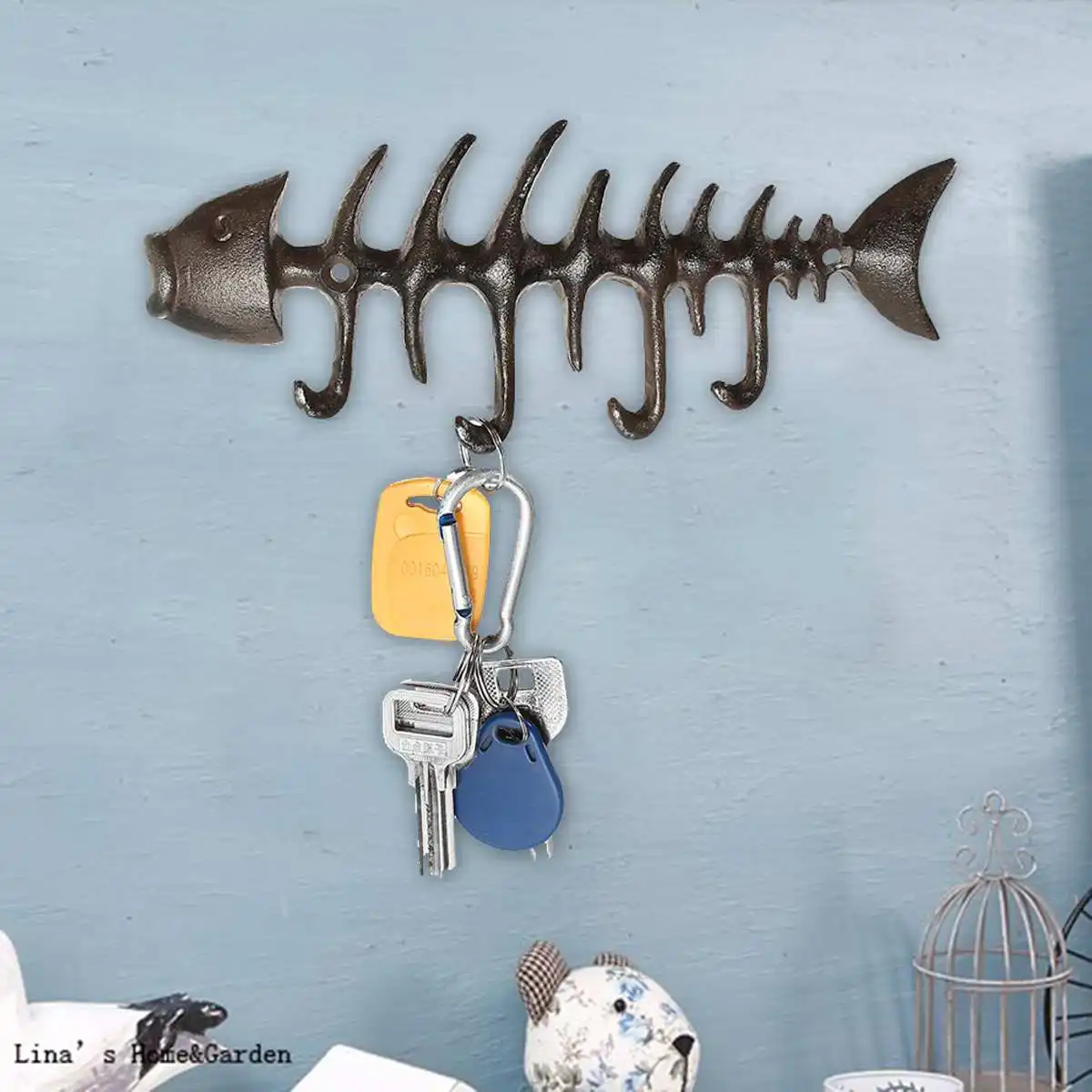 

Cast Iron Fish Bone Key Rack Wall Mounted Towel Rack Metal Hanger for Coat Key Rack Hats Bag 4 Hooks Home Organizer wall Decor