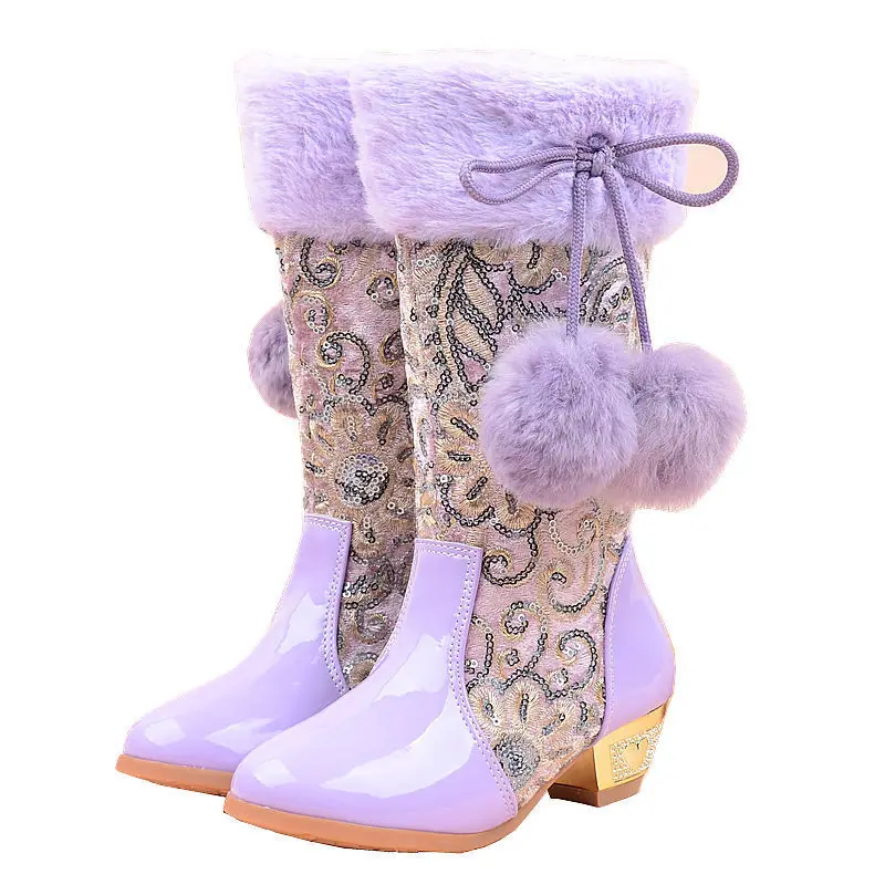 Г., зимние сапоги принцессы на высоком каблуке для девочек вечерние сапоги до колена, украшенные блестками, с меховыми помпонами и плюшем розовая кружевная обувь