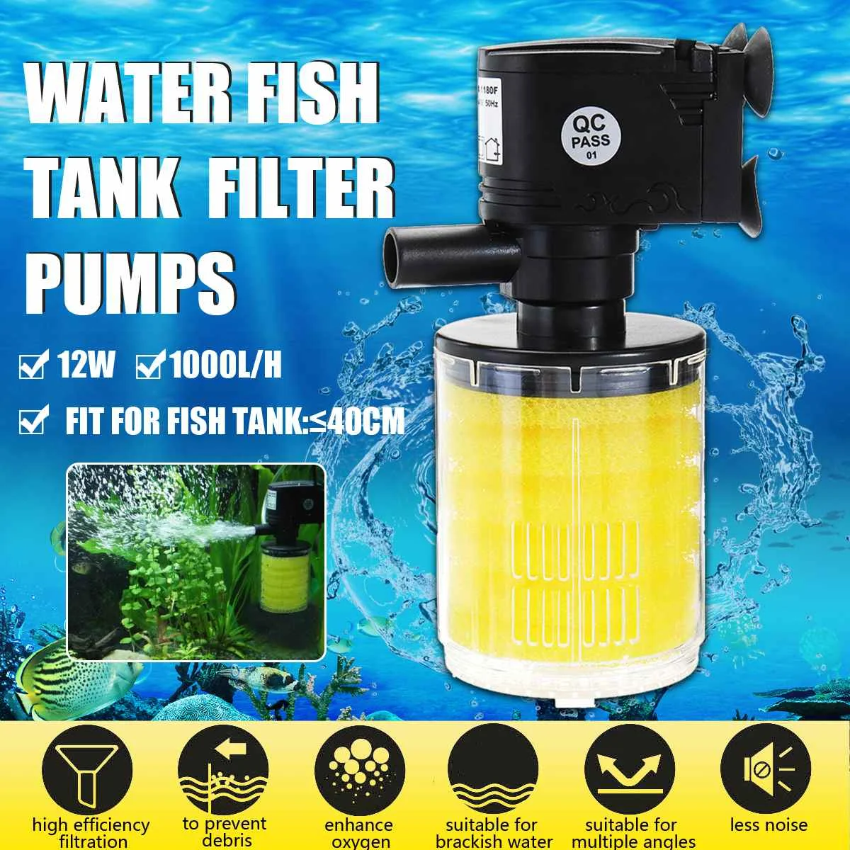 3 in 1 Aquarium Internal Filter Aquarium Pump EU Plug Aquarium Filter