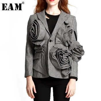 

[EAM] 2020 New Spring Lapel Long Sleeve Black Plaid Three-dimensional Flower Loose Temperament Jacket Women Coat JG752
