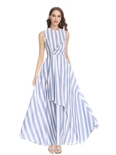 New Arrival Summer Women Maxi Dress Sleeveless Blue Striped Long Maxi Dress With Irregular Hem white irregular hem long sleeves mini dress with lace details