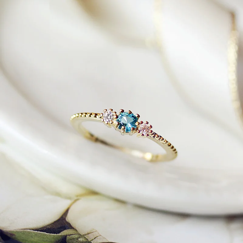 

Fashion Chill light blue Stone Simple Small crystal thin Ring Gold Color Little finger Ring Child Women Jewelry Sweet cute Girl