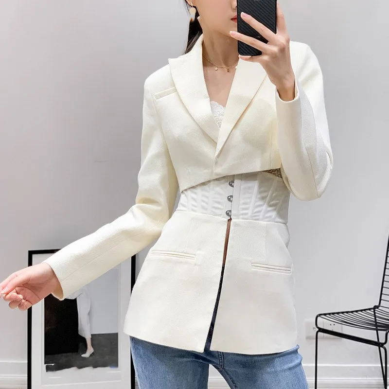 Elegant Office Lady Long Sleeve Blazer Jacket Casual Tunic Suit Jacket Female Long Sleeve Lapel Blazer Patchwork White Blazer