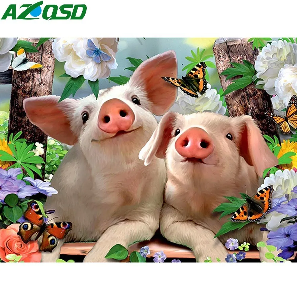 

AZQSD 5D DIY Diamond Painting Cross Stitch Animal Diamond Embroidery PigFull Square Needlework Resin Drill Unfinished Craft Art