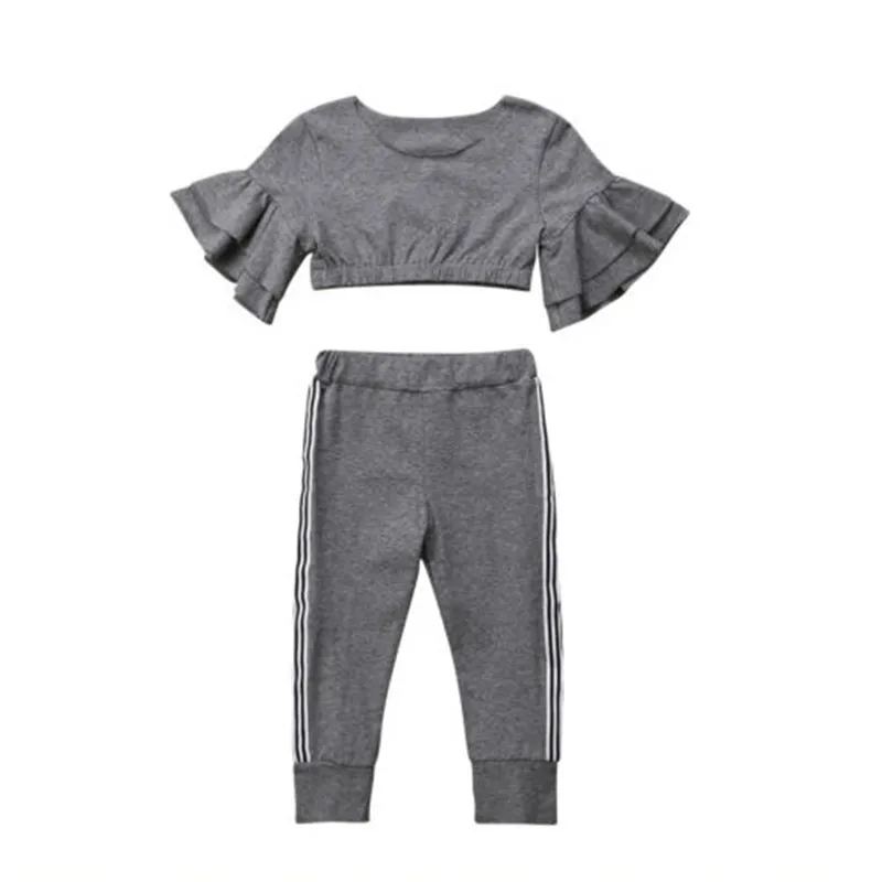 

Cool Toddler Girl Summer Slim Fit Outfit Short Flare Sleeve Shirt Tank Tops+Kids Striped Skinny Long Pants 2Pcs Set Baby Clothes