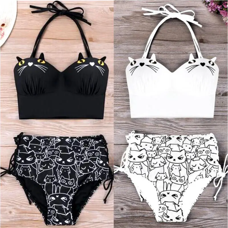 

Women High Waist Bikini Set Cartoon Cat Print Push-Up Padded Swimwear Swimsuit Bathing Beachwear Suits