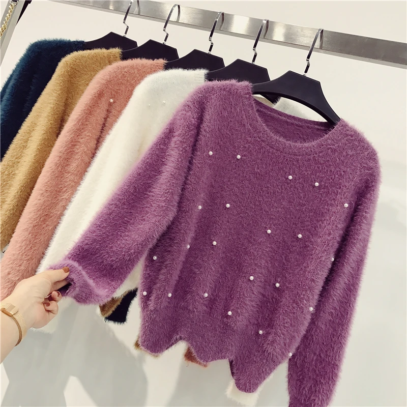

Women's Fashion Autumn Winter Cashmere Sweaters Elegant O Neck Beading Wave Hem Knitted Pullover Female Quality Warm Jumper