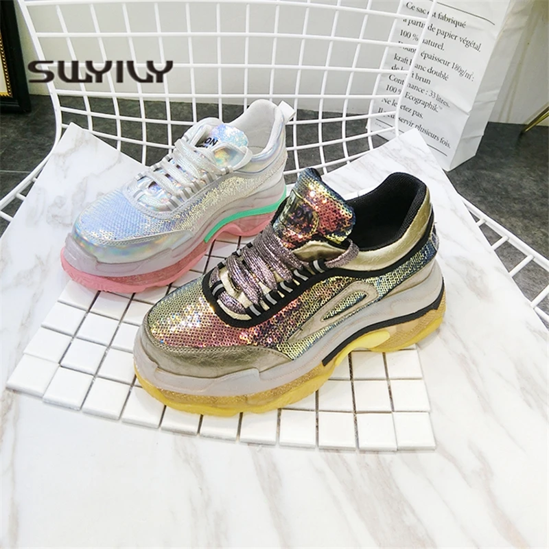 

SWYIVY Chunky Sneakers Women 2019 New Bling Female Casual Shoes Wedge High Heel Gold/silver Sneakers Platform Women Shoes Spring