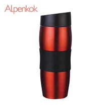 Термокружка вакуумная Alpenkok Красная 400мл, Противоскользящее покрытие дна, Кнопка открывания/закрывания клапана, Сохраняет температуру в течение 6 часов, Пластиковая крышка на резьбе