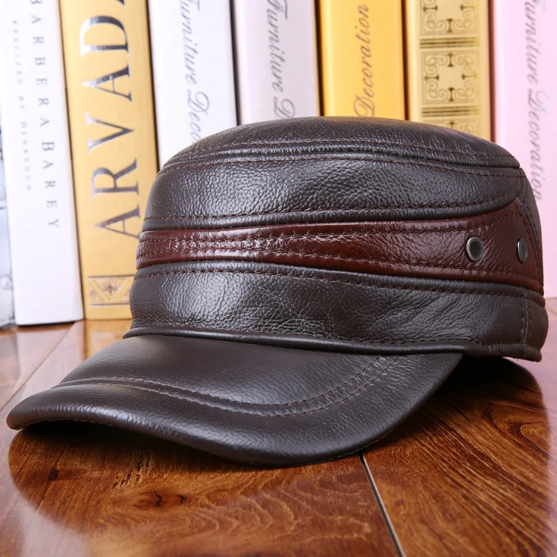 

Man Really Leather Hat Cowhide Peaked Cap Outdoors Flat Roof Cap Leather Hat