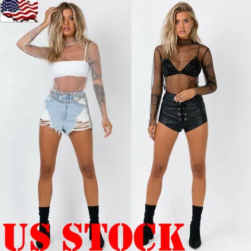 

Sexy Women Girls Mesh Sheer Crop Top Long Sleeve Transparent T-Shirt See Through Tee Tops