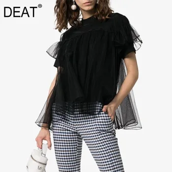 

DEAT 2020 new summer fashion women clothes round neck short sleeves mesh patchwork loose ruffles top T-shirt WF33401L