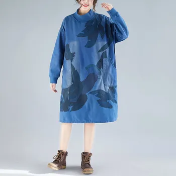 

Winter High Neck Fleeced Dress Plus Size Ladies Print Loose Sweatshirt Thick Warm Cotton Robe Vintage Baggy Oversized Pullover