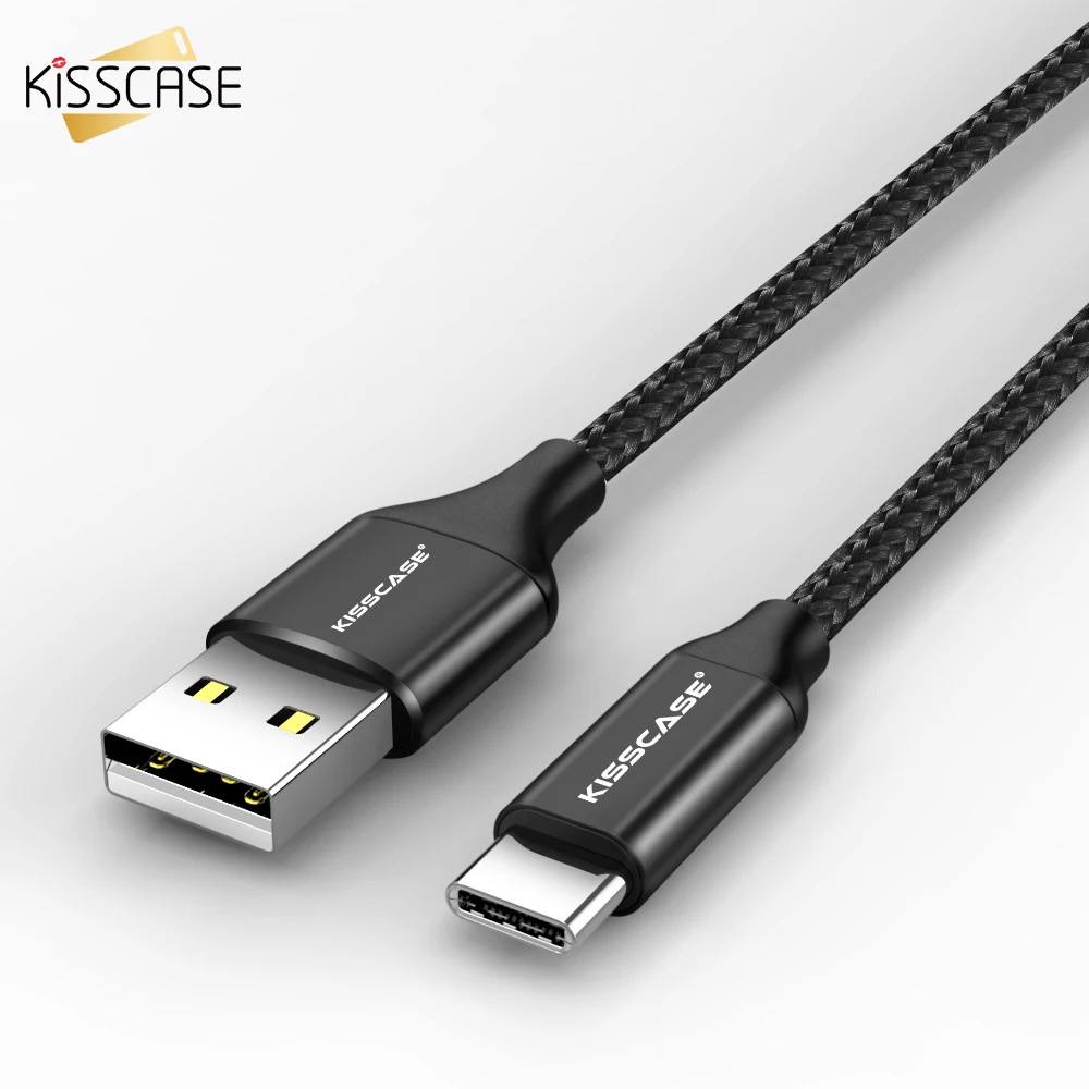 

KISSCASE BLACK Nylon Braided Phone Cable USB Type C For iPhone X 7 8 Cable 1M 3A Fast Charging Type-C XR XS MAX Type C Cable