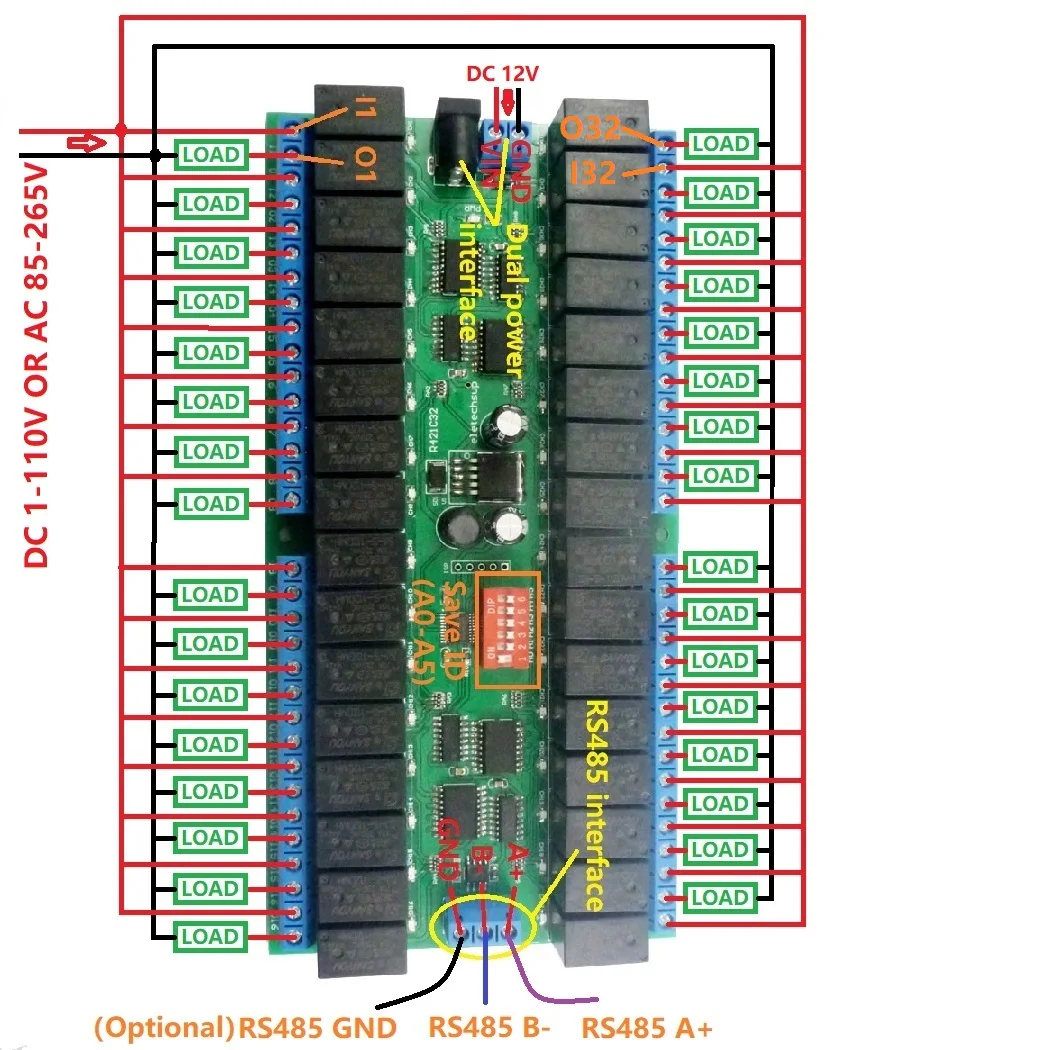 R421C32 DC 12 В 32 канала Modbus RTU RS485 автобус Релейный Модуль UART последовательный порт плата для PLC светодиодный домашней автоматизации дверной замок