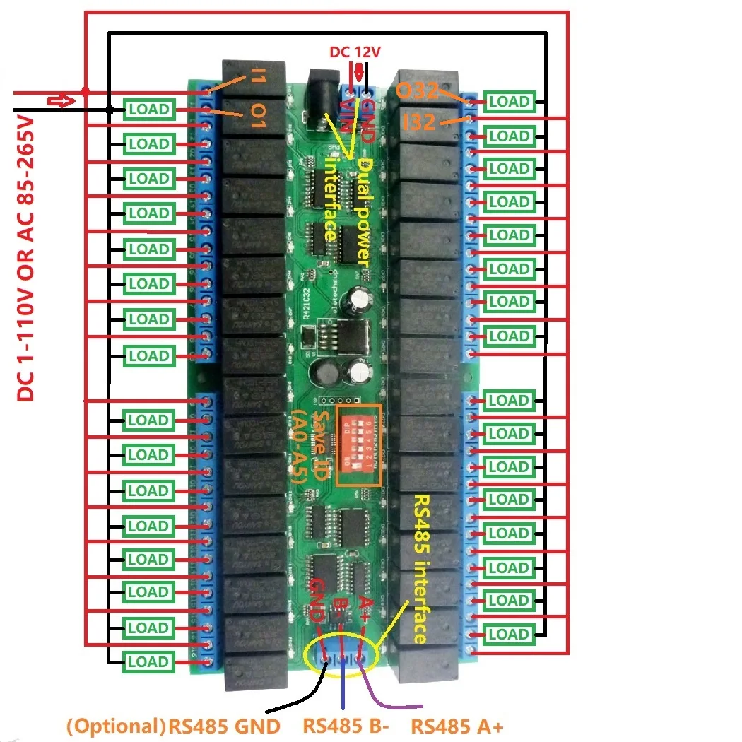 32ch DC 12 В RS-485 Modbus RTU релейная плата RS485 автобус пульт дистанционного управления переключатель для Светодиодный мотор PLC PTZ камера Умный дом