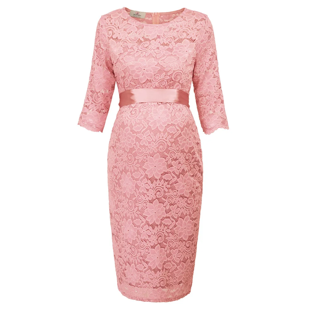 

GK elegant dress Maternity Pregnant Women Half Sleeve Crew Neck Hips-wrapped knee length floral vintage belt sheath Lace Dress
