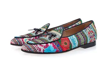 

British Men Mixed Color Embroidered Casual Shoes Bowkont Loafers Ethnic Flats Shoes Slip on Casual Loafers