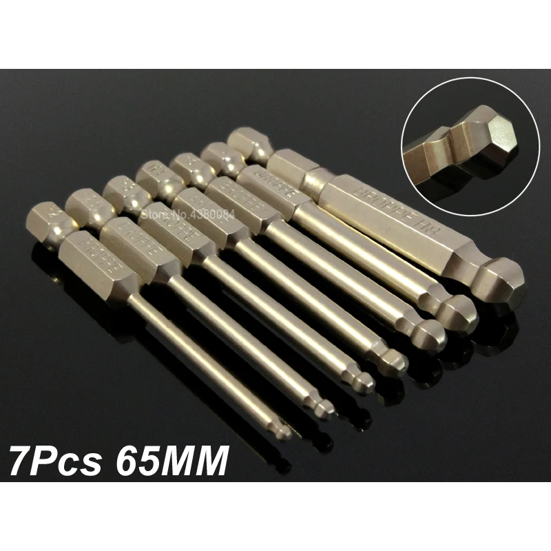

7Pcs Set 65MM Magnetic Spherical/Ball Inner Hexagon Screwdriver Drill Bits 1/4" Hex Shank Screw Driver Bits Tools S2 Alloy Steel