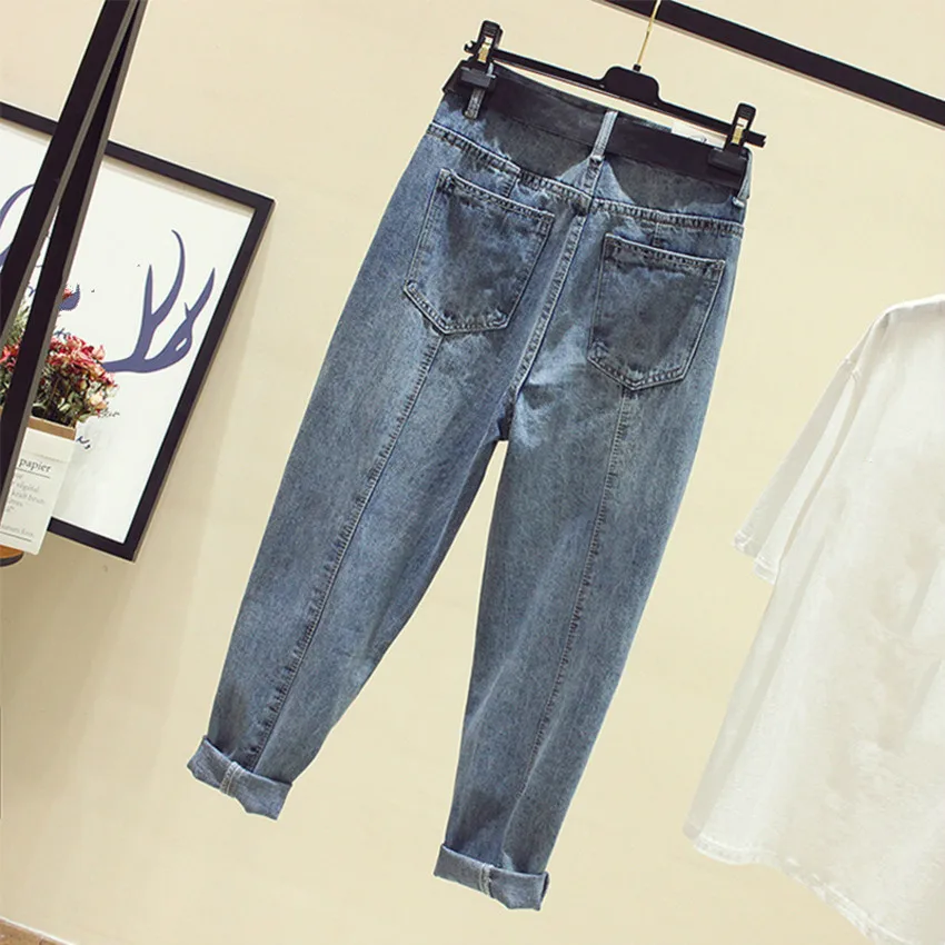 

Plus Size Elastic Waist Boyfriend Loose Washed Denim Straight Jeans 4Xl 5Xl Blue Girl's Casual Pants For Women