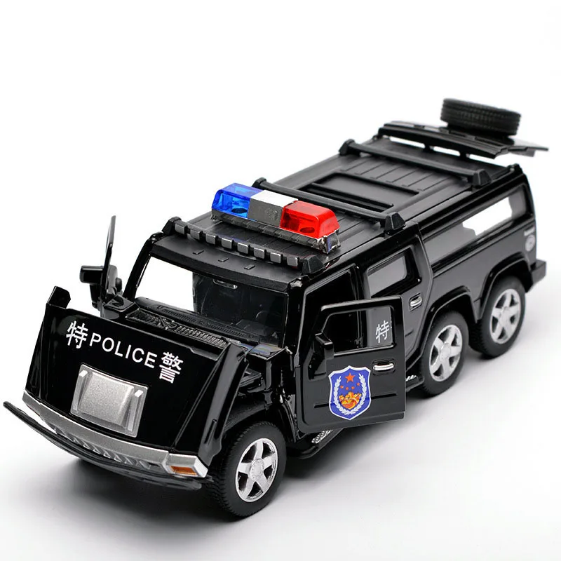 1:32, шестиколесный сплав, Hummer, полицейские литые под давлением машинки, модель, игрушечный звуковой светильник, оттяните назад, внедорожный автомобиль, игрушки для детей, подарки для детей