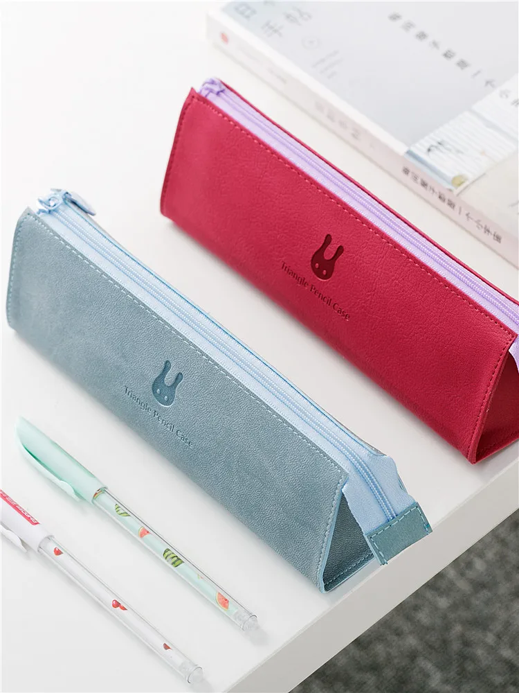

Korea Simple Large-capacity Pencil Case Triangle Pu Solid Color Girl Pencil Bag Storage Box Student Stationery Office Supplies