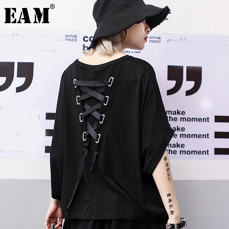 

[EAM] 2019 New Spring Summer Round Neck Short Sleeve Black Letter Printed Back Bandage Big Size T-shirt Women Fashion Tide JS061