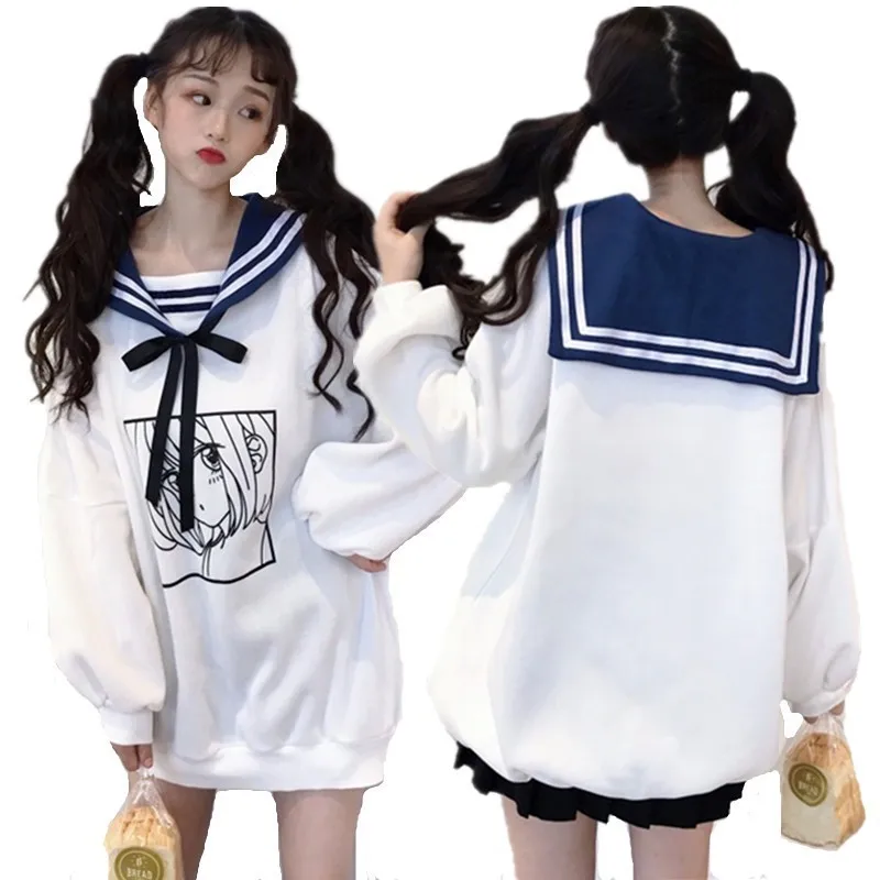  Kawaii Sweet Girls Winter Hoodies Comic Printed Sailor Collar Oversized Sweatshirt Soft Bestie Sist