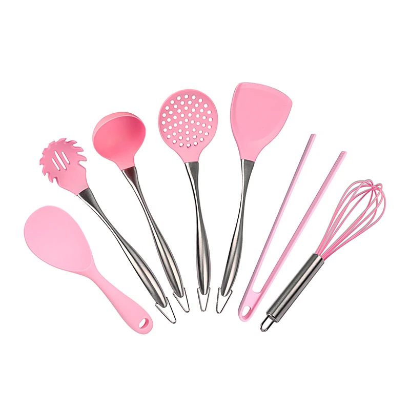 Pink Silicone Cooking Tools Stainless Steel Handle Kitchenware Dinnerware Tableware Heat Resistant Kitchen Utensils Accessories