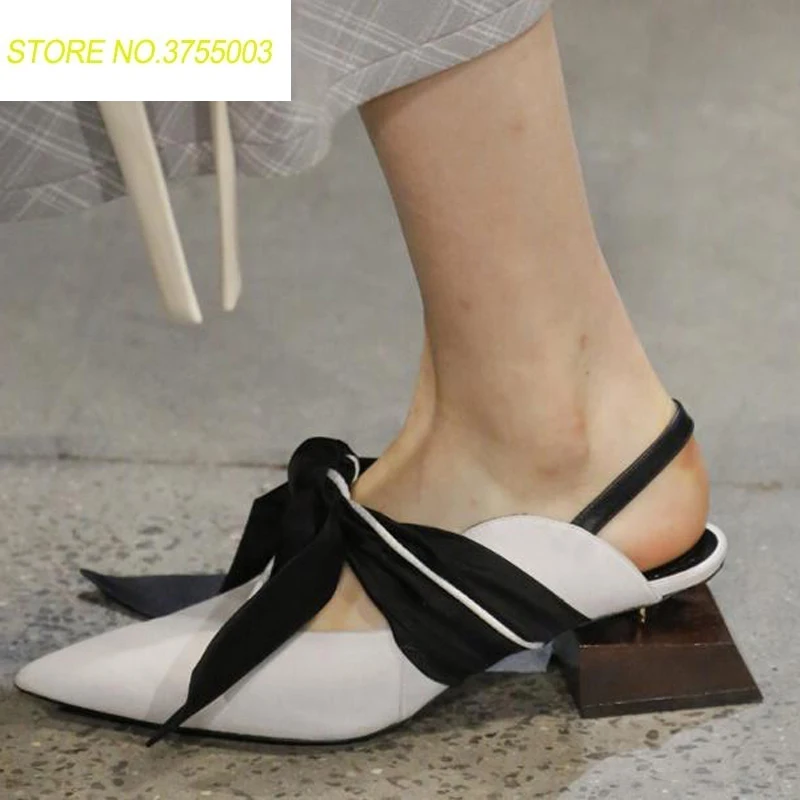 

New Women Med Strange Heel Pointed Toe Sandals Muler Multi Color Big Bowtie Elastic Band Slingback Casual Pumps Runway Shoes