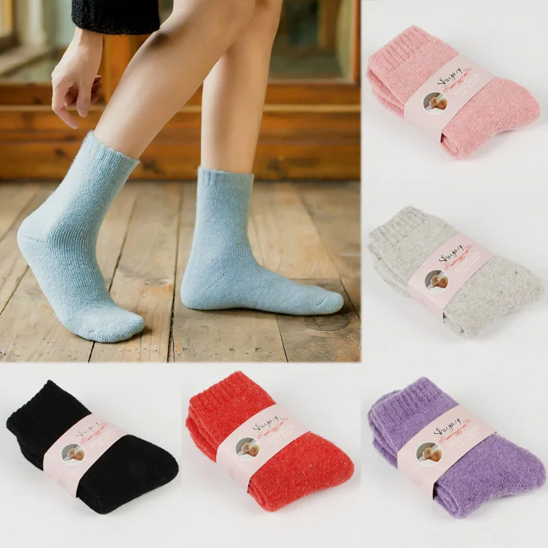 

1pair winter rabbit fur thick warm socks ladies solid color warm socks super thick female Meias socks female models elastic long