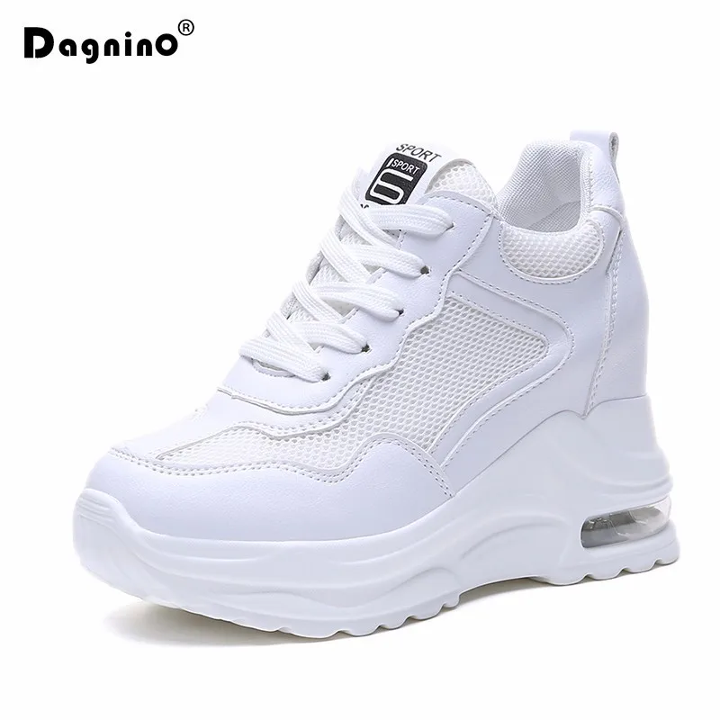 

2019 Summer Women Sneakers Mesh Casual Platform Trainers White Shoes 9cm Heels Wedges Breathable Woman Height Increasing Shoes