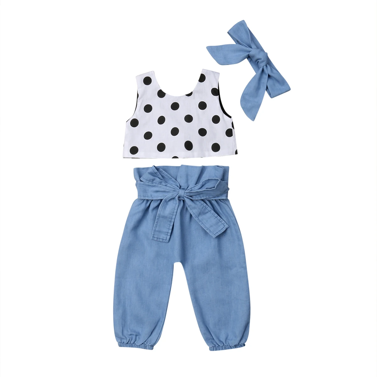 

1-6Y Toddler Kids Baby Girl Summer Clothes Polka Dot Tank Tops+High Waist Bow Denim Pant Jeans Headband 3PCS Girls Clothing Set