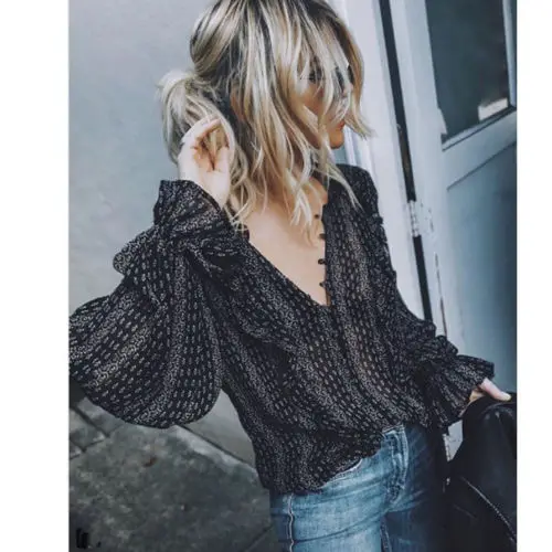 

Dropshipping Women Sexy Deep V-Neck Long Sleeve Blouse Ladies Summer Casual Shirts Loose Tops Female Blouse Streetwear L-XXXL