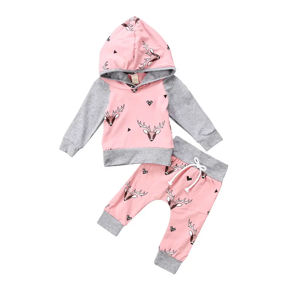 

New Arrivels Newborn Toddler Baby Girls Deer Hooded Tops Pants 2Pcs Outfits Set Clothes