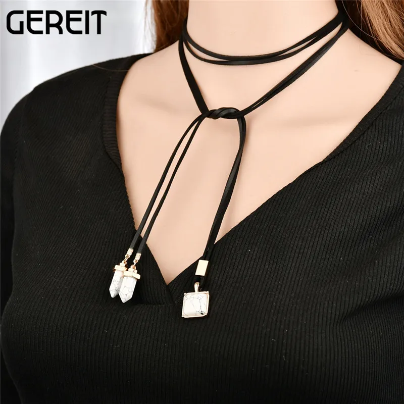 GEREIT DIY Black Velvet Rope Choker Necklace With Geometric Marble
