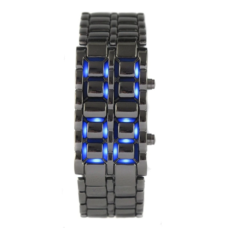 

Newest Lava Style Iron Samurai Black Bracelet blue LED Watch Stainless steel with box