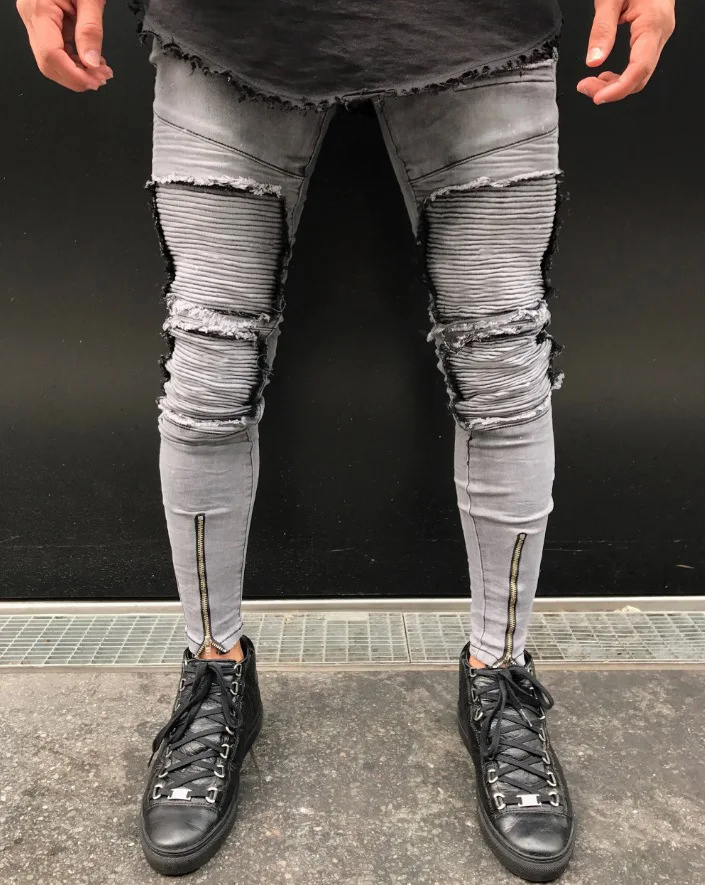 Men Stretchy Ripped Skinny Biker Jeans 2019 Spring High Quality High Street Trend Gray Destroyed Hole Slim Fit Denim Jean