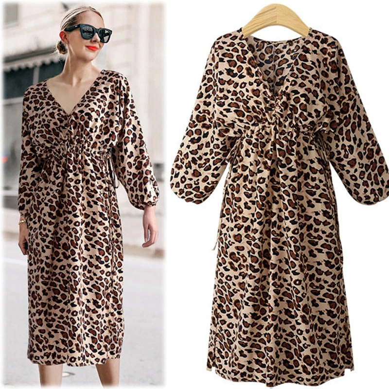 

Vintage Women V-Neck Dress Loose Print Knee Length High Waist Dress Fashion 2019 Spring Wrist Lantern Sleeve Female Dress