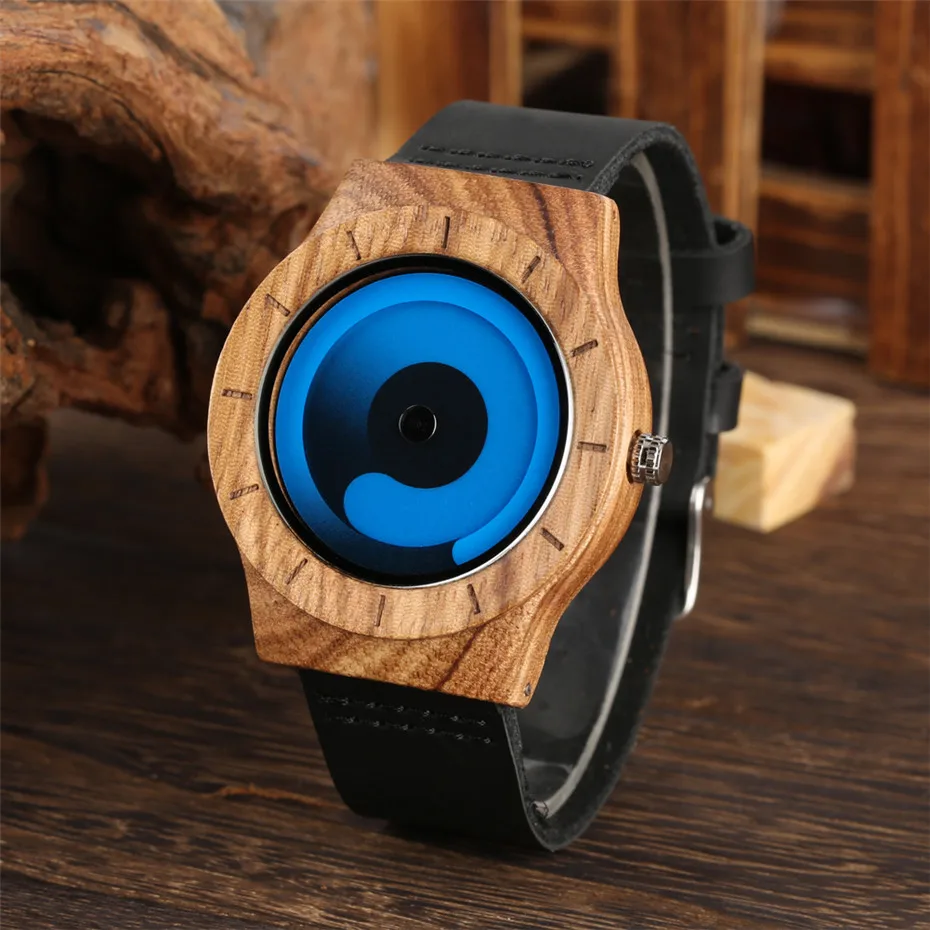 Creative Turntable Design Wood Mens Watch Quartz Unique Blue Swirl Men