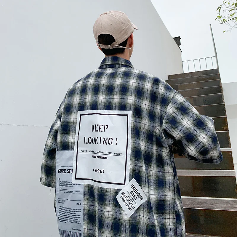 

2019 Spring And Summer New Korean Fashion Tide Male Loose Quality Cotton Lattice Student Casual Sports Short-sleeved Shirt